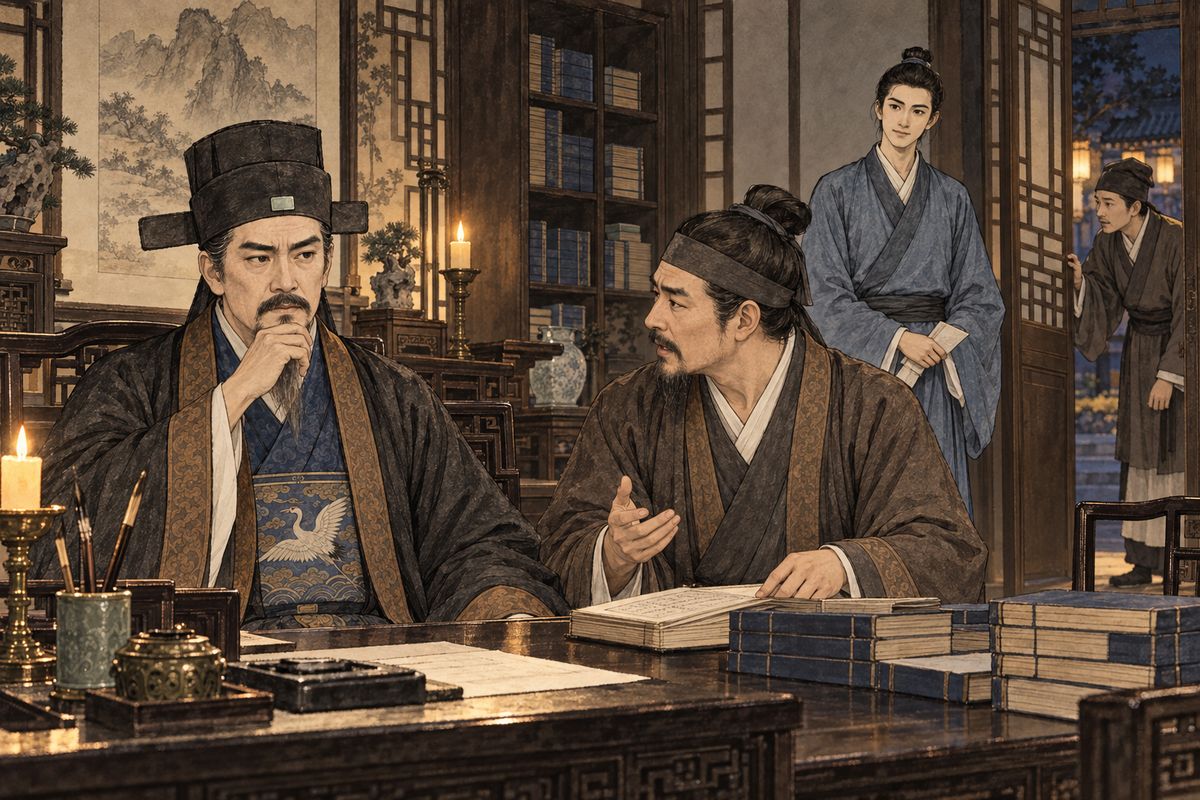 In his outer study, Jia Zheng heard from Cheng Rixing that the household stewards had been robbing the family. Before he could answer, an attendant announced Zhen Yingjia, newly restored and travelling south to calm unrest along the coast.