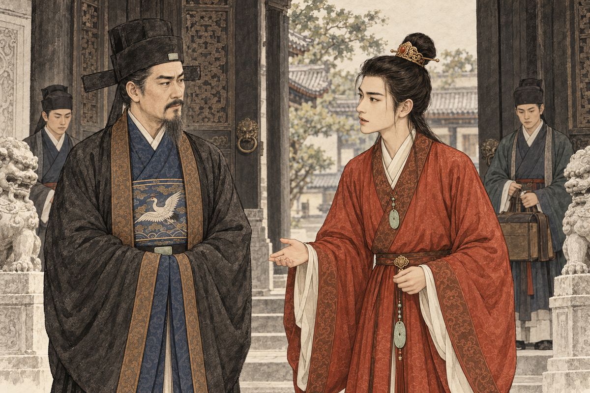 Zhen Yingjia arrived with news of his restored rank and a journey south to settle coastal unrest. He asked Jia Zheng to look in on Tanchun, whom the summaries describe as his daughter, and the two men spoke privately in the courtyard.