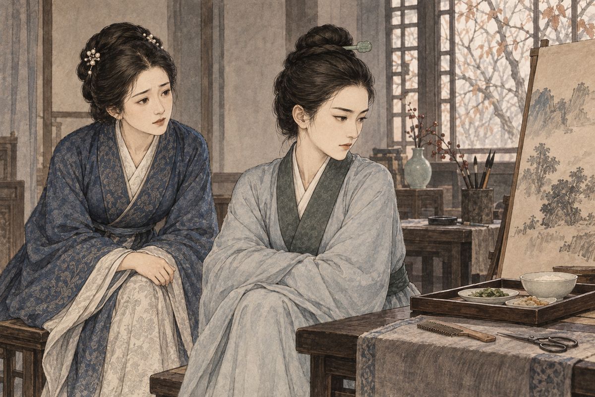 As the household mourned, Xichun refused food and repeated that she would cut her hair and leave worldly life. A nun from Dizang Convent encouraged her resolve, while You-shi and the maid Caiping worried over her declining strength.
