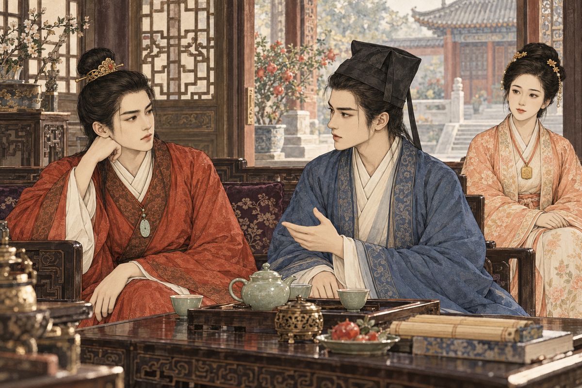 Lady Zhen brought her son, Zhen Baoyu, whose face matched Jia Baoyu's exactly. Jia Baoyu hoped to find a kindred spirit, but the visitor spoke only of career, loyalty and filial duty, leaving his namesake disappointed.
