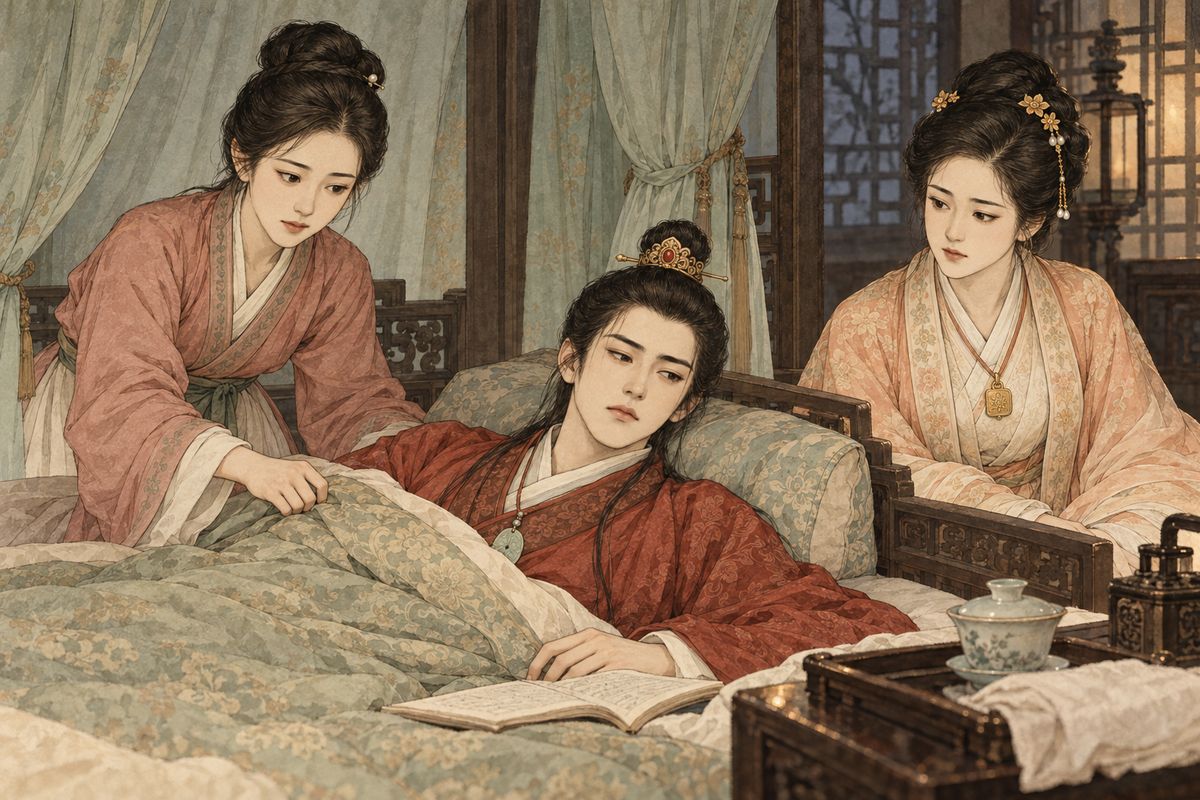 After Zhen Baoyu left, Jia Baoyu called him a careerist and brooded over the meeting. His illness returned with such force that he seemed close to death, and Xiren and Baochai could only watch beside him.