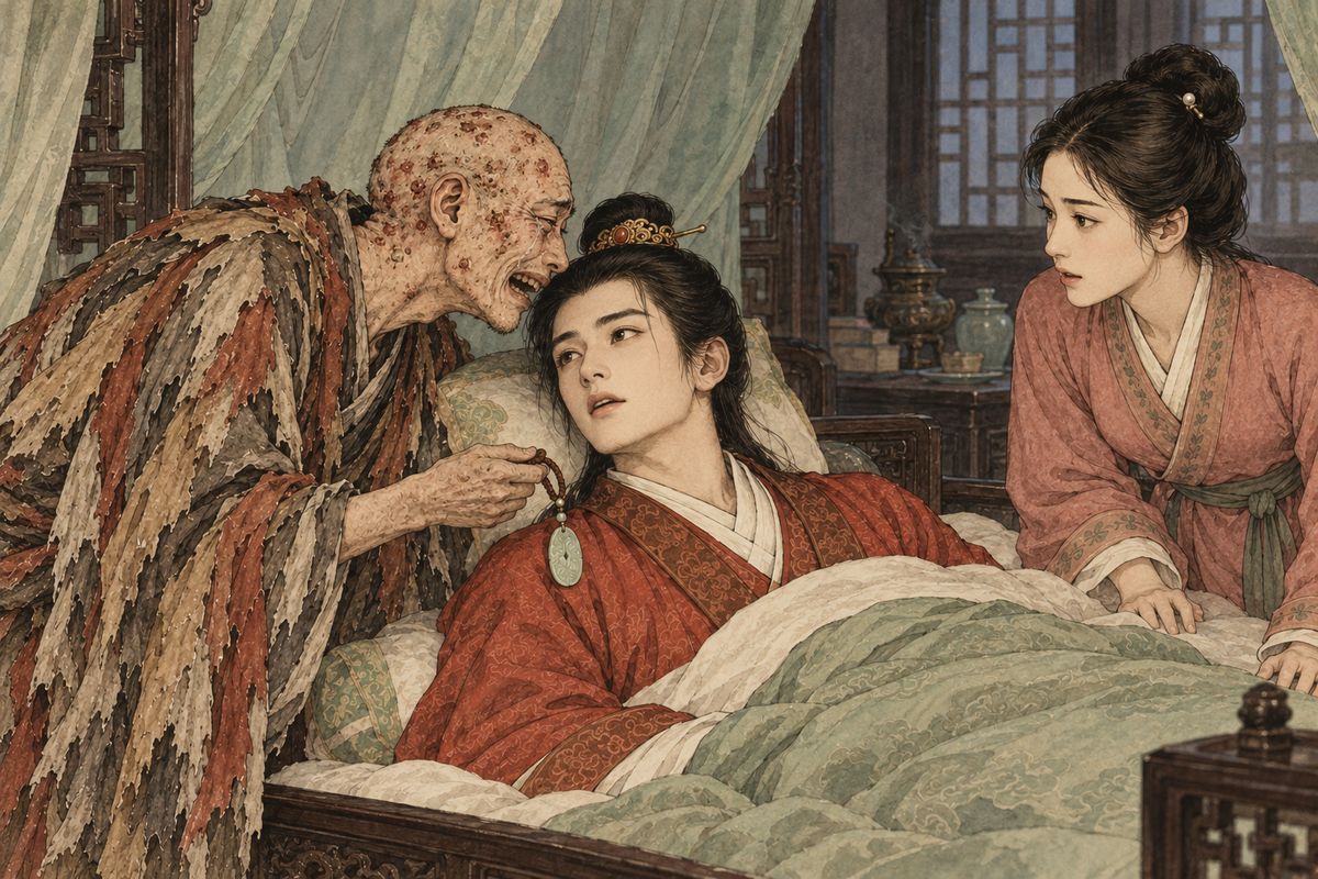 A strange monk appeared with the lost jade and demanded ten thousand taels of silver. When he called into Baoyu's ear, the young man opened his eyes and revived, bringing sudden relief to the family gathered around the bed.