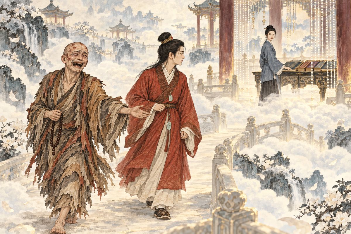 Baoyu's soul followed the monk into the Land of Blessed Truth, the same realm he had visited as a boy. Guided by Yuanyang's fleeting figure, he found the registers of the Twelve Beauties and began to read the verses he once could not understand.
