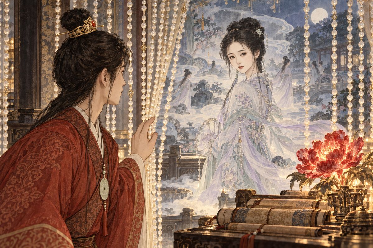 Among the registers, Baoyu saw the Crimson Pearl Flower and heard that it was guarded for the Queen of the Xiang River. Behind a pearl curtain, the Queen appeared with Daiyu's face, but the dream realm drove him away before he could approach.