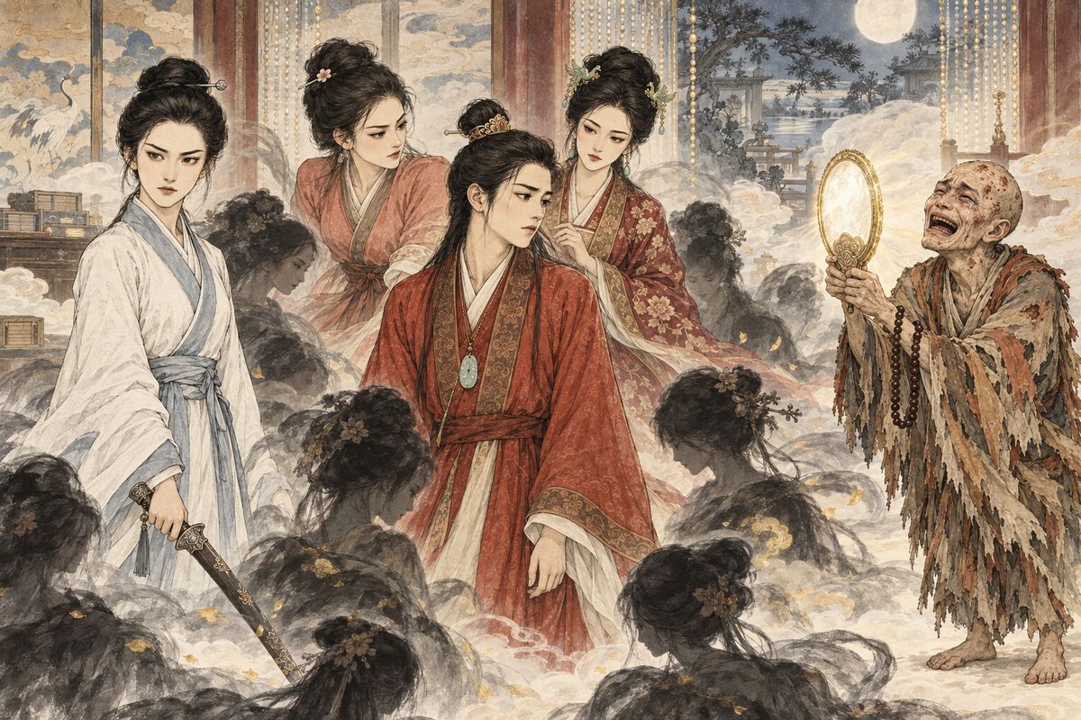Sanjie appeared with a sword to sever Baoyu's earthly ties, while figures like Qingwen and Keqing led him deeper into the vision. When the gathered women became threatening shadows, the monk flashed a mirror and pushed Baoyu back toward life.