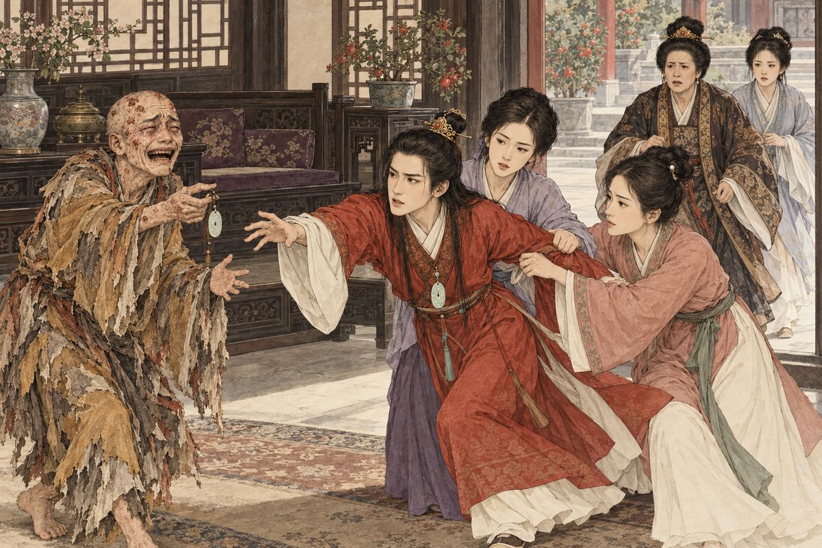 When the ragged monk returned with the jade, Baoyu ran to give it back. Xiren and Zijuan held him with all their strength and wept until Lady Wang and Baochai arrived; Baoyu then hid his intention behind a casual excuse.