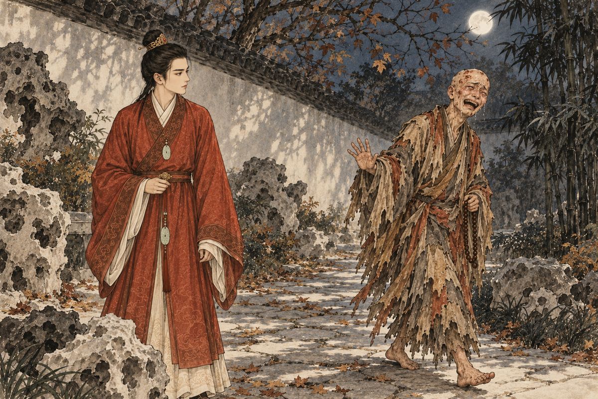 Outside the mansion, Baoyu spoke with the monk about Great Waste Mountain, Blue Ridge Peak and the end of worldly ties. The monk left without taking money, and Baoyu hinted that he might one day choose the same path.
