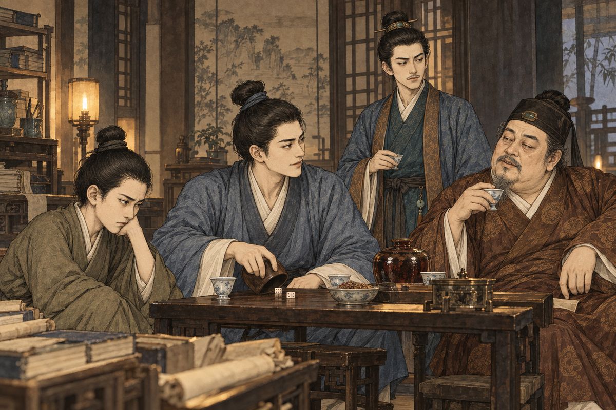 With Jia Lian away, the men turned the outer study into a gambling room. They mocked the dead Xifeng, heard that Yucun had been arrested and that Miaoyu was probably killed by bandits, then began discussing a sale that would endanger Qiaojie.