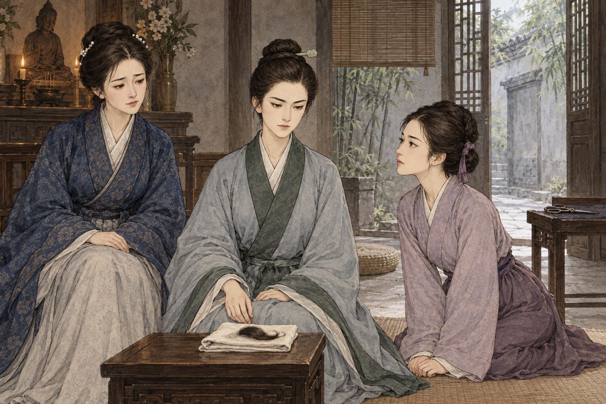 Xichun cut off her hair and insisted she would rather die than remain in the household. You-shi finally agreed to let her become a nun, and Zijuan knelt to serve her for life out of loyalty to Daiyu.