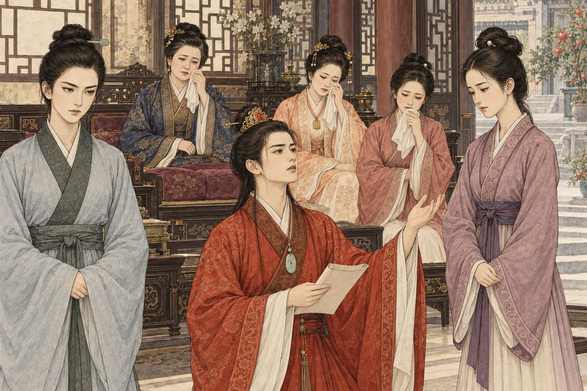 Lady Wang accepted that Xichun could live as a lay nun in her rooms, and Zijuan vowed to accompany her. Baoyu recited a strange poem from the Illusory Land; its meaning moved Lady Wang, Baochai and Xiren to tears.