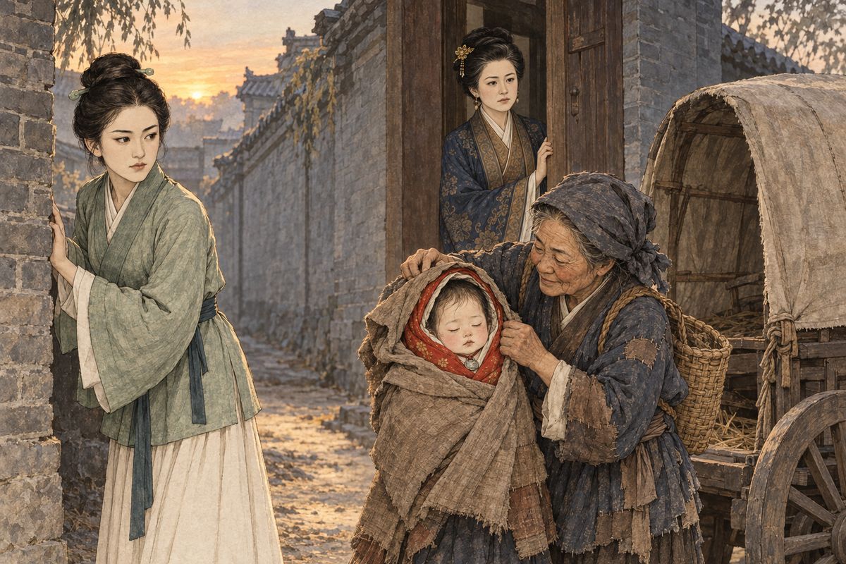 The men plotted to sell Qiaojie as a concubine to a foreign prince, and Lady Xing was persuaded. Lady Wang and Ping'er turned to Granny Liu, who disguised the child as her granddaughter Qing'er and prepared to take her to safety.