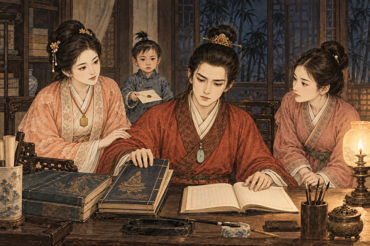 Baochai argued with Baoyu about Zhuangzi and the heart of a newborn child, while Xiren also urged him to stay engaged with life. When Jia Lan brought a letter from Jia Zheng, Baoyu put away his religious books and began studying for the examination.