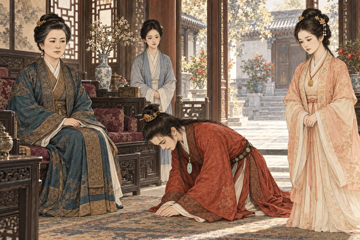 Before the examinations, Baoyu knelt in tears before Lady Wang and made strange farewells to Li Wan. He bowed deeply to Baochai, then laughed that everything was finished, leaving his family moved but unable to read the omen.