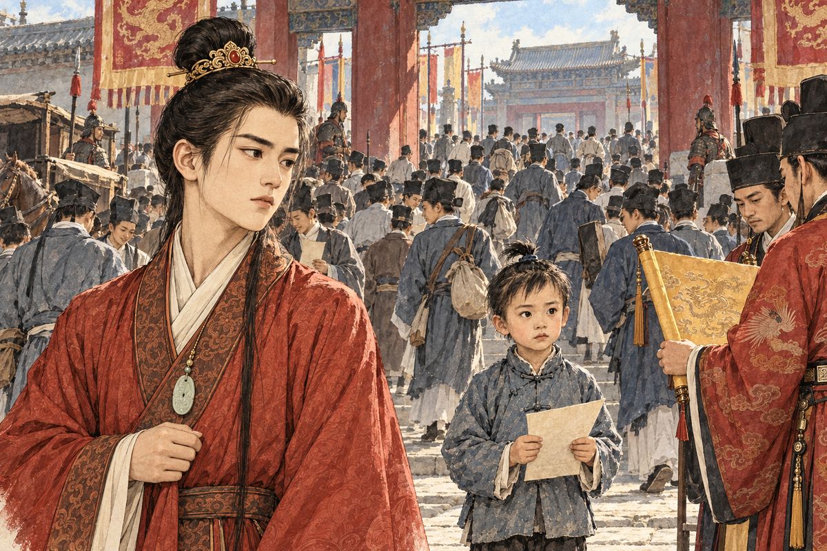 Jia Lan returned from the exam hall alone: Baoyu had vanished in the crowd. The results later showed Baoyu seventh and Jia Lan one hundred thirtieth; an imperial decree restored the family's titles and property and ordered a search for the missing son.