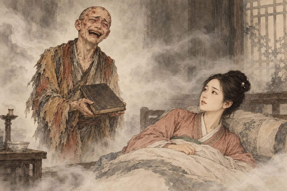 After Baoyu disappeared, Xiren fell ill from grief. She dreamed that the monk showed her a register and told her that their bond was finished, waking with the feeling that Baoyu had left the human world for good.