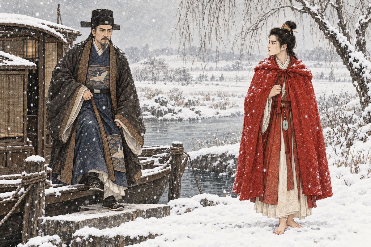 On the journey home from Grandmother Jia's burial, Jia Zheng's boat stopped at Piling in the snow. A shaven, barefoot Baoyu appeared on the bank wearing a scarlet felt cape, transformed from the son his father had last seen.