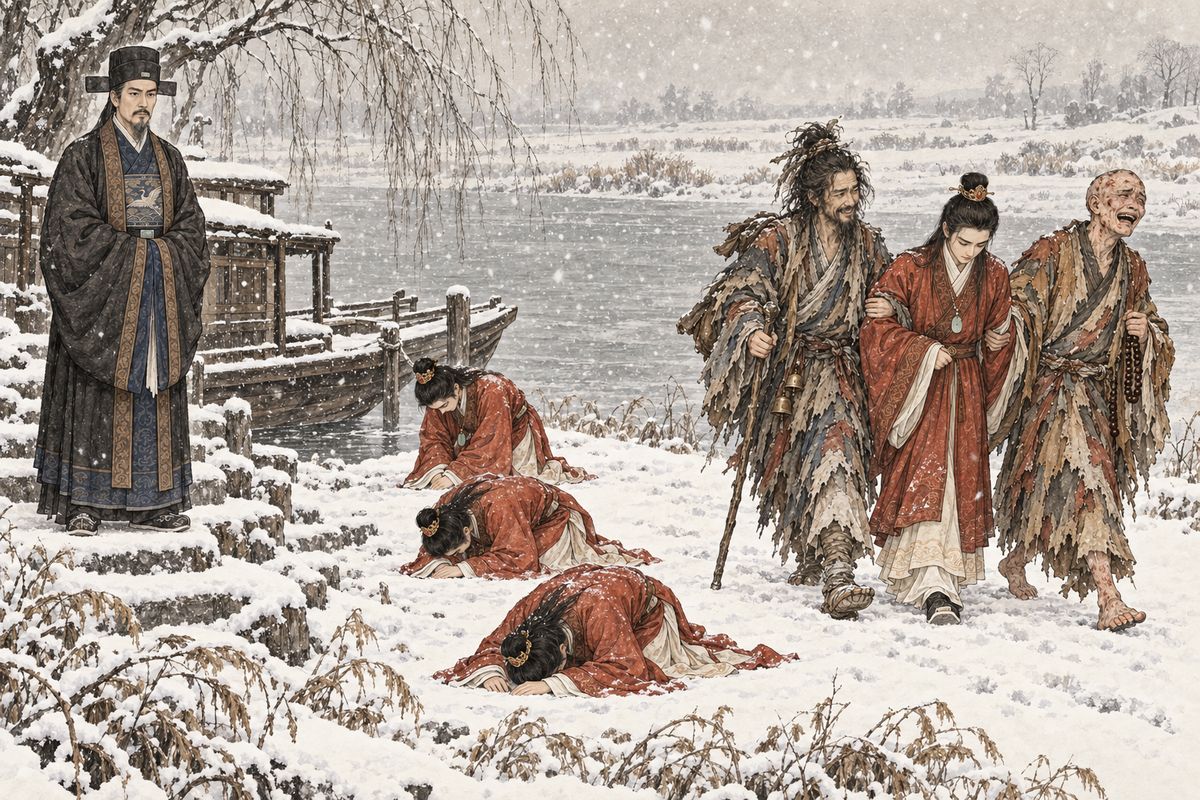 Baoyu bowed four times to his father. The monk and the lame Taoist then led him away across the white fields, while Jia Zheng watched from the riverbank and accepted that his son had never belonged wholly to the mortal world.