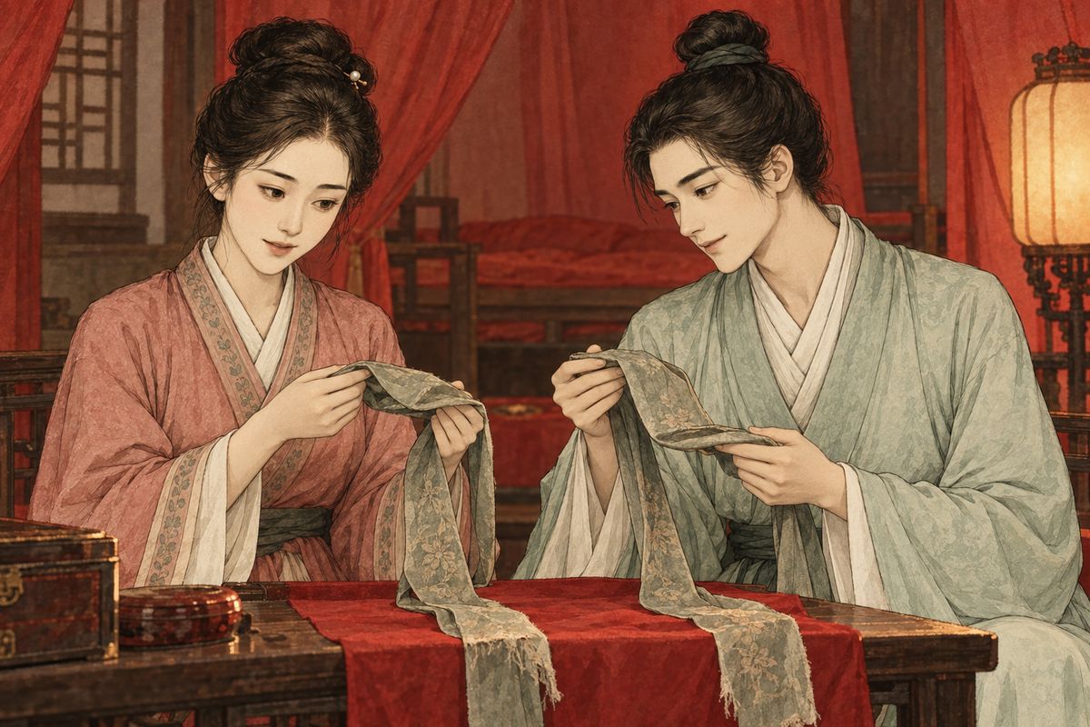 Xiren was married against her will to Jiang Yuhan, the actor who had once exchanged sashes with Baoyu. When the pair recognized the matching cloth between them, they saw how the old tokens had quietly joined their lives.
