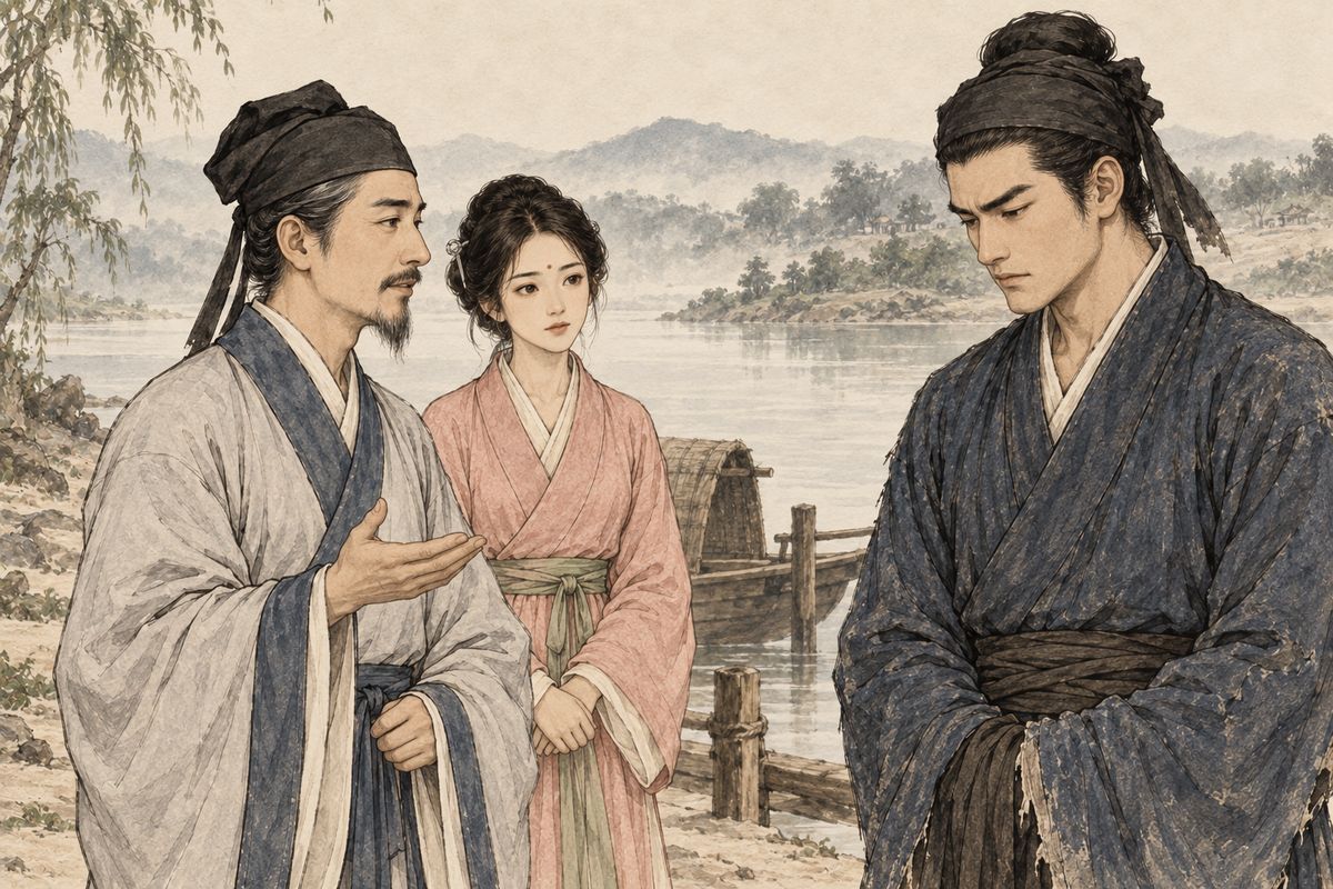 At Awakening Ferry, Zhen Shiyin met the disgraced Jia Yucun and recounted Baoyu's departure and the family's later fortunes. Xiangling waited nearby before Shiyin led her away toward the Land of Illusion.