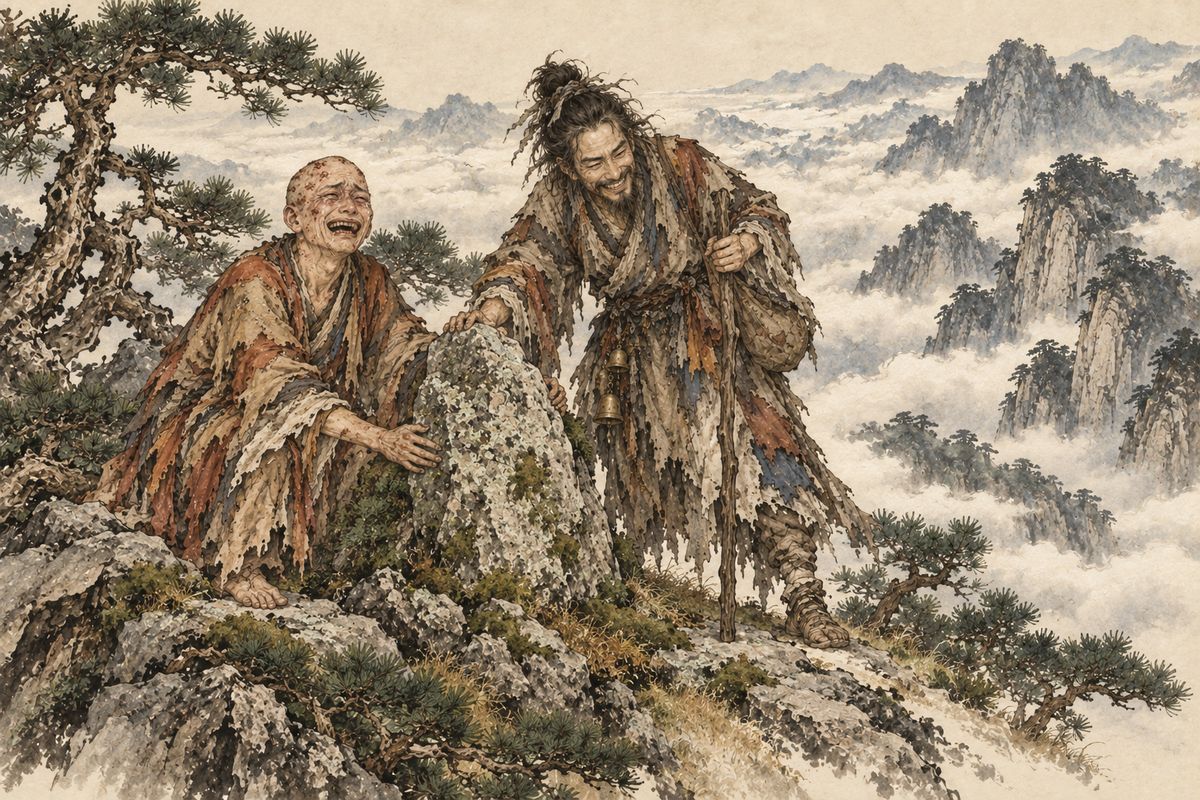 The monk and Taoist returned the stone to Greensickness Peak, closing the journey that began before the story entered the human world. Clouds passed over the mountain as the stone settled again among the rocks and pines.