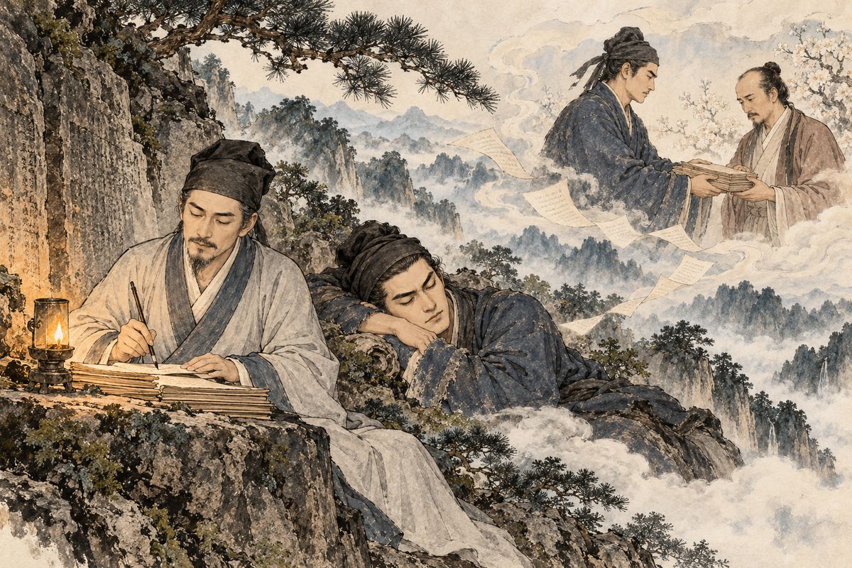 Reverend Void copied the tale from the stone, and the sleeping Yucun dreamed of handing it to Cao Xueqin. The story returned to the writer's desk, completing the frame and leaving its readers with the lives the stone had carried.