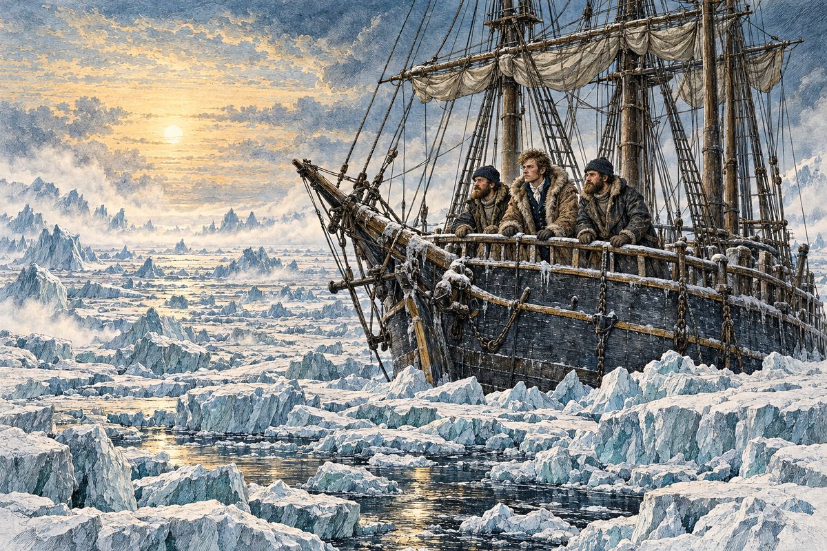 By late July the ship was far to the north when the pack ice closed in on every side and a thick fog swallowed the world. The crew lay to and waited. When the mist cleared they saw endless, broken plains of ice stretching in every direction. Some of the men groaned, and Walton's own thoughts grew anxious.