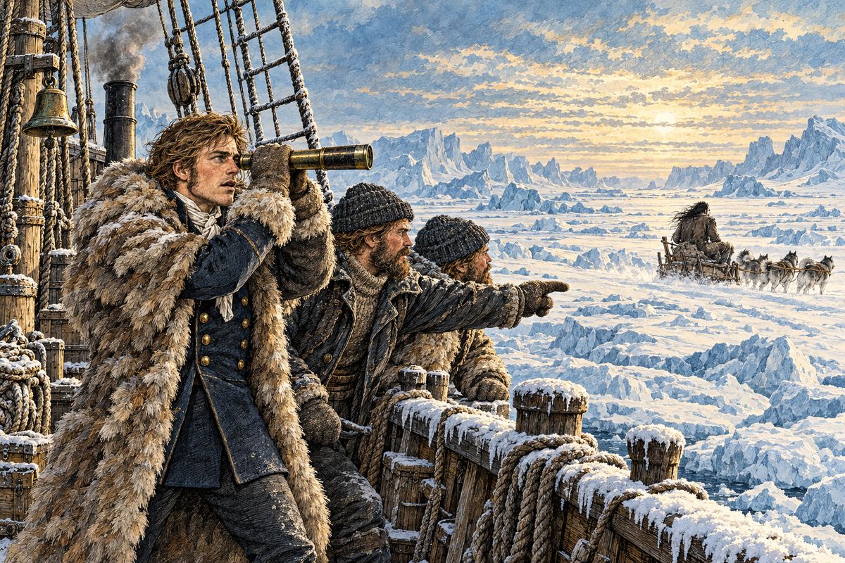 Then a strange sight caught every eye. Half a mile away, a sledge drawn by dogs sped north across the ice, driven by a being shaped like a man but of gigantic size. The sailors watched him through their telescopes until he vanished among the ridges. They had believed they were hundreds of miles from any land.