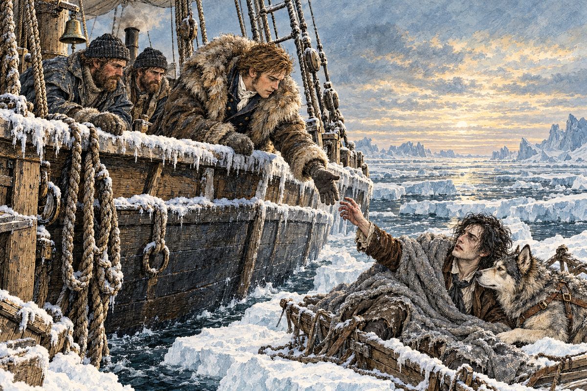 That night the ice broke up. At dawn the sailors found a second sledge beside the ship, drifting on a floe, with one dog still alive and a starving, half-frozen European inside. Before he would come aboard he asked, "Will you have the kindness to inform me whither you are bound?" When Walton told him they were heading for the Pole, he agreed.