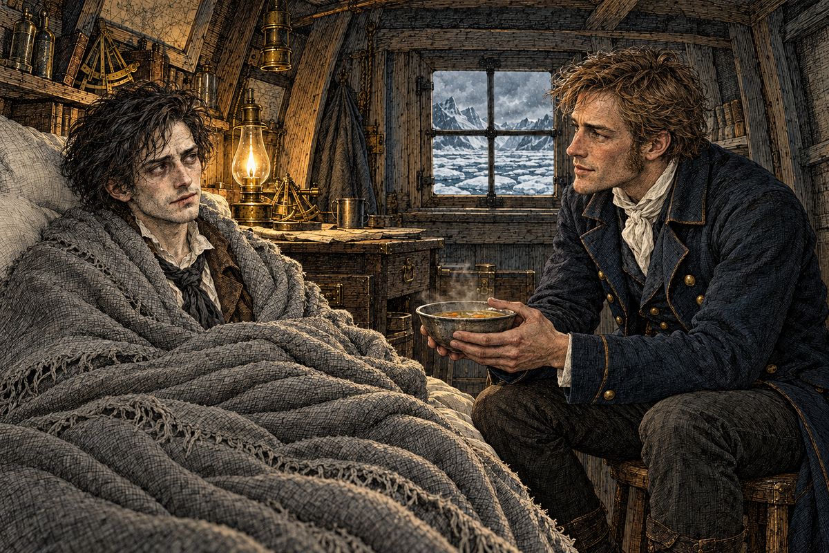 Walton nursed the stranger in his own cabin. He recovered slowly, though a wild grief often filled his eyes, and he would say only that he was hunting "one who fled from me." Walton found him gentle, wise and eloquent. He came to love him as a brother: the friend he had believed he would never find at sea.
