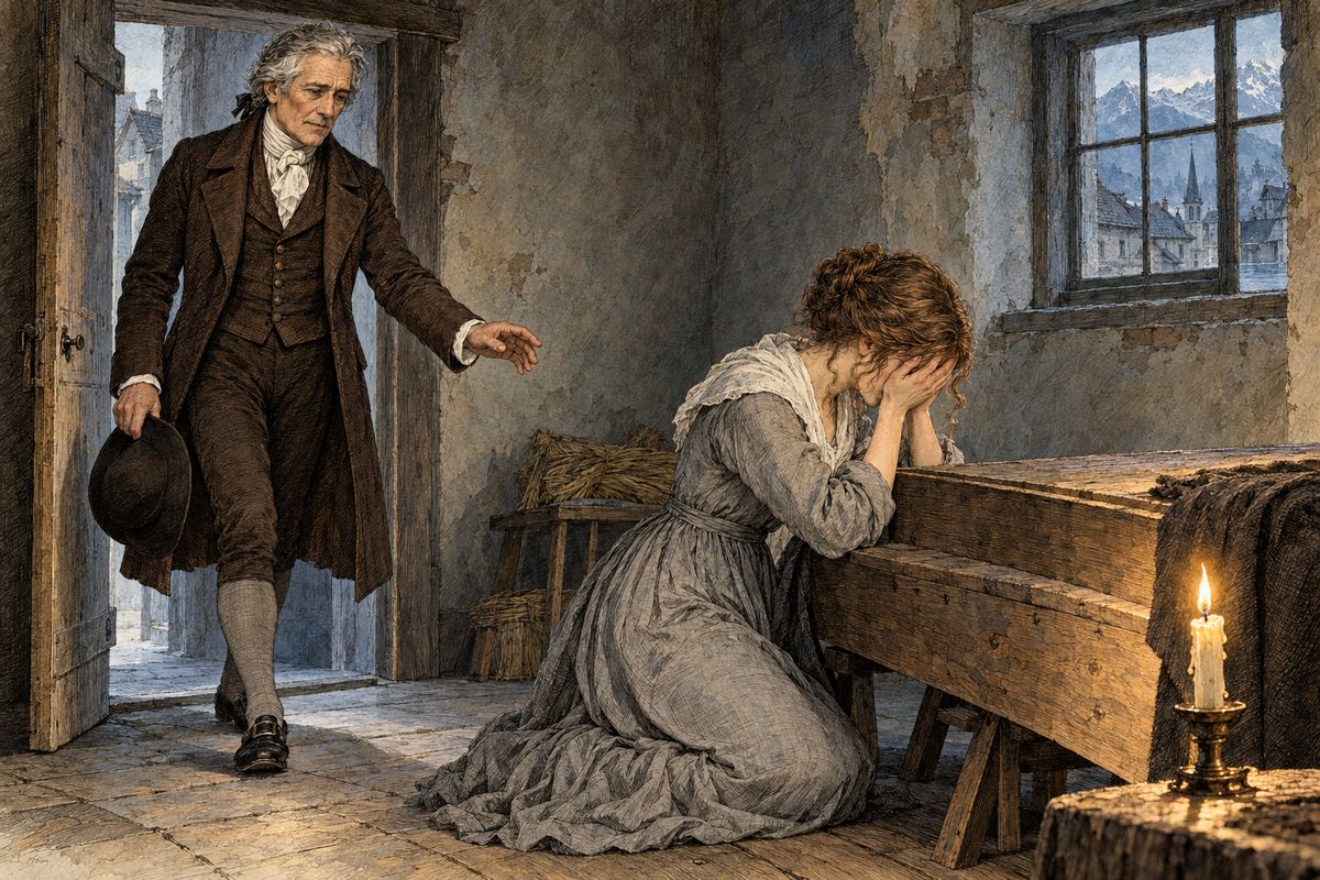 Victor's father, Alphonse Frankenstein, searched for ten months for his ruined friend Beaufort. When he found him in Lucerne, he was too late. Beaufort's daughter Caroline was kneeling by her father's coffin, weeping. Alphonse took her home to Geneva under his protection, married her two years later and took her travelling. Their first child, Victor, was born in Naples.