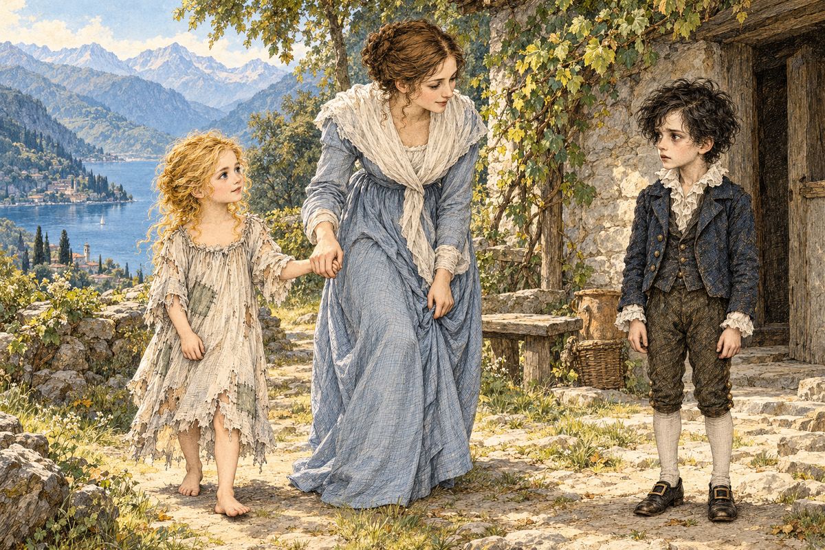 By Lake Como, Caroline came across a poor cottage full of hungry children. One of them was different: a fair, golden-haired orphan of noble birth named Elizabeth. Caroline adopted her. 'I have a pretty present for my Victor,' she said, and five-year-old Victor took the gift seriously. He believed Elizabeth was his to protect and love.