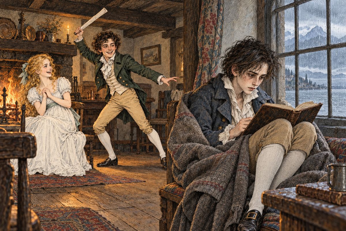 The family settled at Belrive with Victor's school friend Henry Clerval, and no childhood could have been happier. Elizabeth loved poetry, while Victor longed to discover nature's secrets. At thirteen, kept indoors by rain at an inn in Thonon, he found a book by Cornelius Agrippa. 'My dear Victor,' his father said, 'it is sad trash.' Victor kept reading.