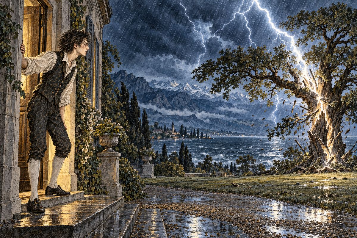 When Victor was fifteen, a violent storm rolled in from the Jura. From the doorway he saw a stream of fire burst from the old oak, and by morning only thin ribbons of wood were left. A visiting scientist explained electricity and galvanism to him. Victor's old masters suddenly seemed worthless to him, and for a time he gave up the study of nature altogether.