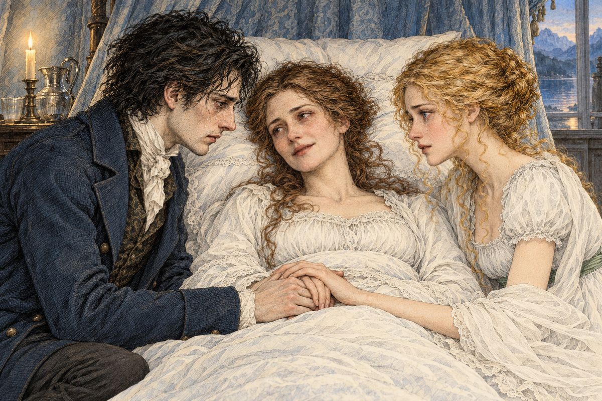 When Victor was seventeen, just before he was to leave for university, Elizabeth caught scarlet fever. His mother nursed her back to health, but then she caught the fever herself. On her deathbed she joined their hands. 'My children,' she said, 'my firmest hopes of future happiness were placed on the prospect of your union.' Then she died calmly.