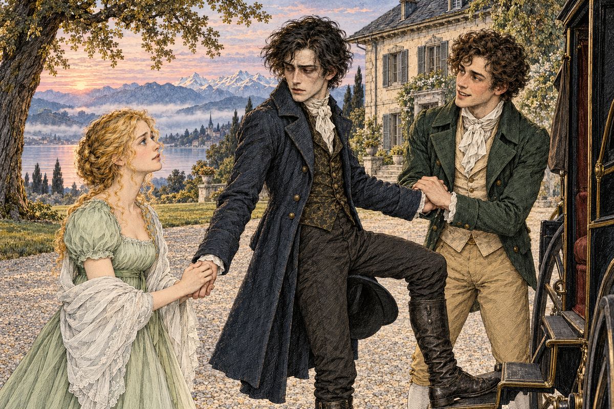 After weeks of mourning, Victor could put off leaving no longer. The family sat up late, unable to say goodbye. At dawn they were all waiting by the carriage. His father blessed him, Clerval, whose father would not let him study, pressed his hand, and Elizabeth begged him to write often. Then the chaise carried him away to Ingolstadt.