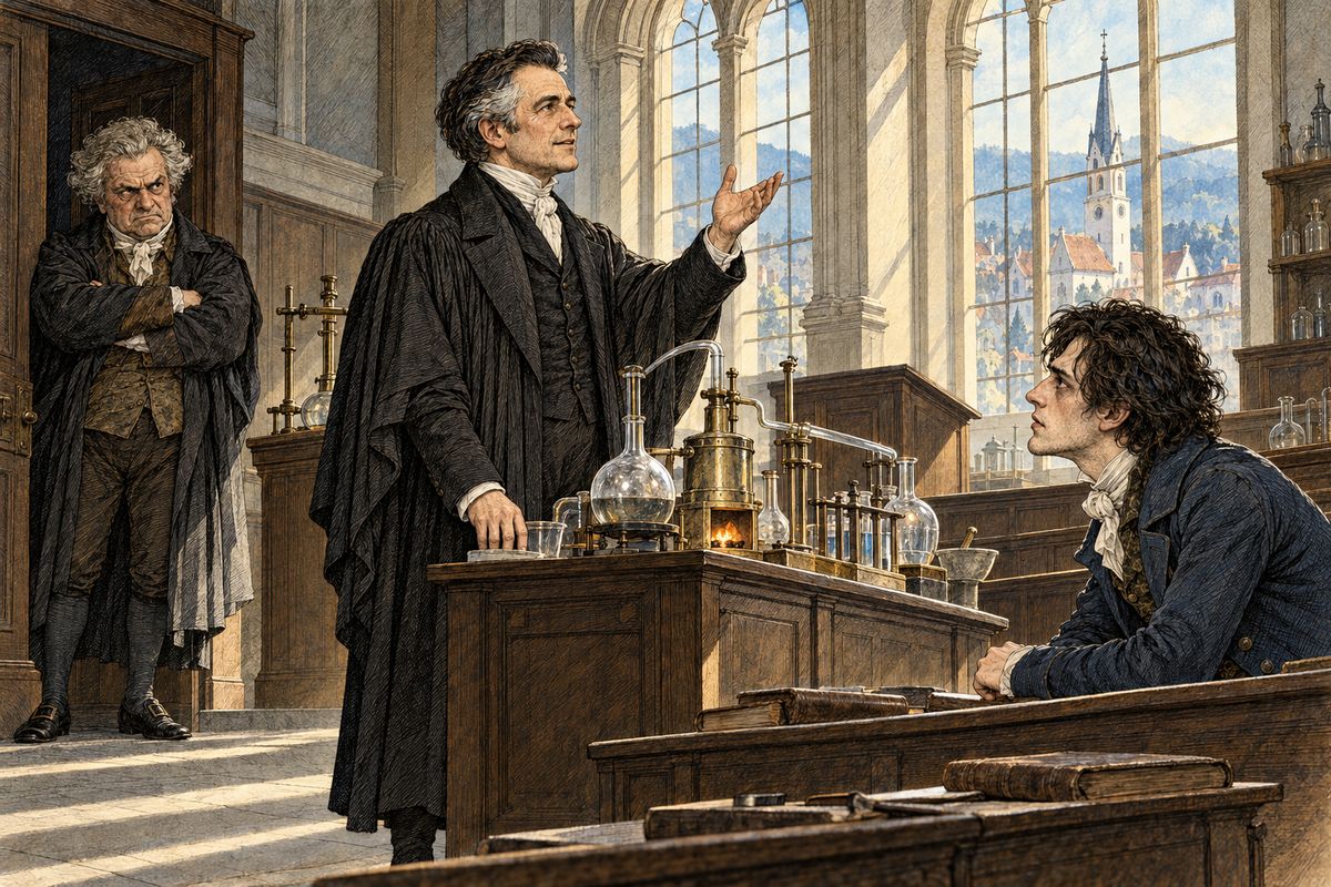 In Ingolstadt, the squat professor Krempe sneered at Victor's alchemists as 'nonsense'. Then kind Professor Waldman lectured on modern chemistry, whose masters 'command the thunders of heaven'. As Victor listened, his mind caught fire with a single purpose: he would explore unknown powers and reveal the deepest mysteries of creation. That day, he later said, decided his destiny.