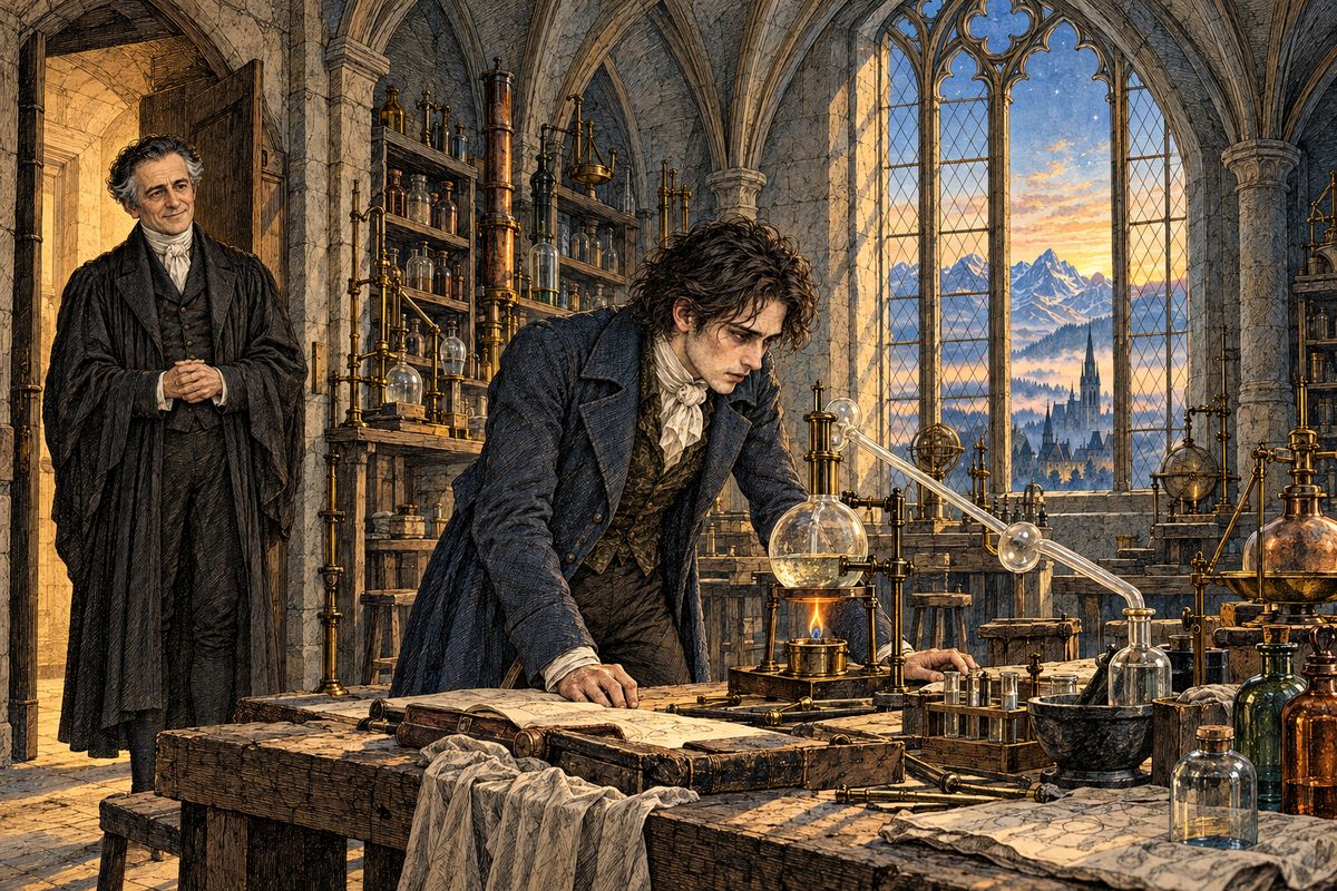 At Ingolstadt, chemistry became Victor's whole life. Kind Professor Waldman smoothed every path for him, and Victor worked so eagerly that the stars often faded into morning while he was still bent over his instruments. Two years passed this way, and he never once went home to Geneva.