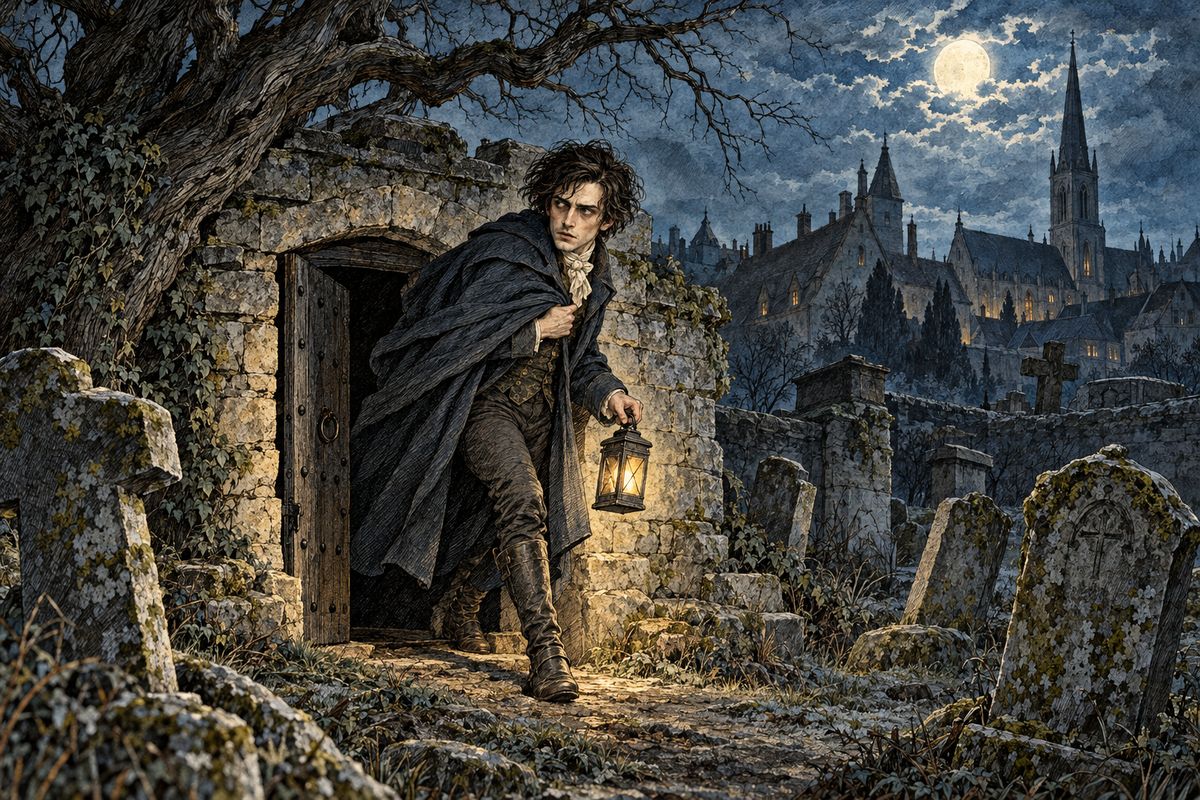 He decided to make a being like himself, but gigantic, about eight feet tall. For months he went out by night to collect what he needed from charnel-houses, disturbing "with profane fingers" the secrets of the human frame, and often loathing his own work.