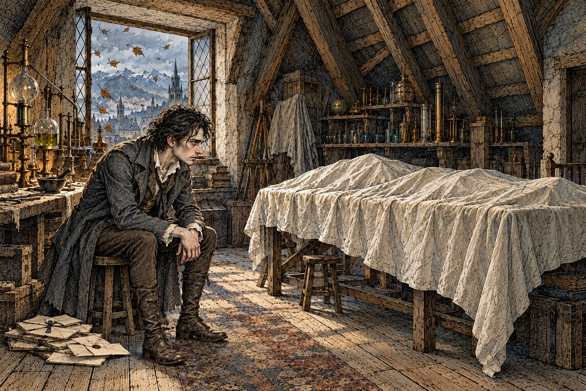 In a lonely attic cell at the top of the house he toiled through winter, spring and summer, blind to the fine harvest outside. His father's letters went unanswered. By the time the leaves had withered, Victor was pale and thin, shaken every night by a slow fever, and startled by the fall of a leaf.