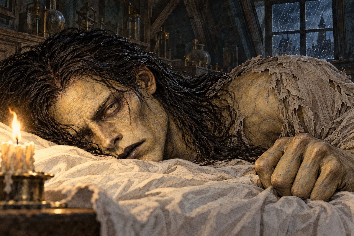 On a dreary night of November, at one in the morning, Victor gathered the instruments of life about him. Rain pattered on the panes and his candle was nearly burnt out. Then, by its dying glimmer, he saw the dull yellow eye of the creature open; it breathed hard, and its limbs twitched.