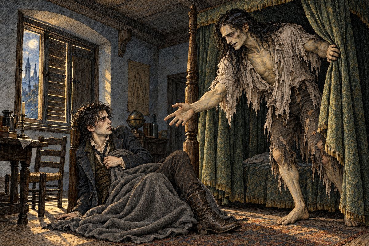The dream of two years vanished, and Victor fled the room in horror. Asleep at last, he dreamed that he kissed Elizabeth and she turned into his dead mother's shrouded corpse. He woke shaking to find the creature holding up the bed curtain, grinning and reaching out a hand. Victor escaped downstairs into the courtyard.