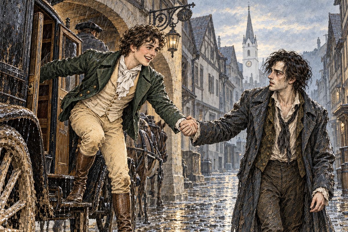 At a wet dawn he walked the streets without daring to look behind him, until the Swiss coach stopped beside him and Henry Clerval sprang out. "My dear Frankenstein, how glad I am to see you!" For a moment home came back to Victor, though Henry soon saw how thin and ill he looked.