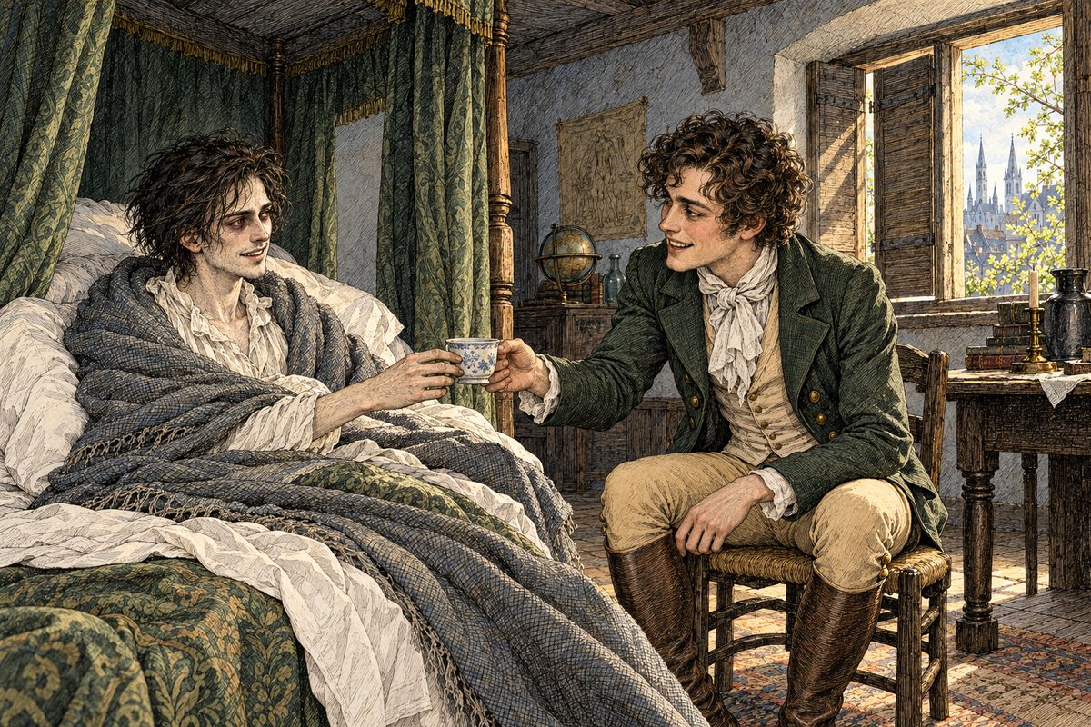 To Victor's wild relief, his rooms were empty. But his frantic laughter turned to terror, and he collapsed in a fit, the start of a nervous fever. All winter Henry was his only nurse and kept the worst from Victor's family. When spring buds appeared at the window, Victor was well again.