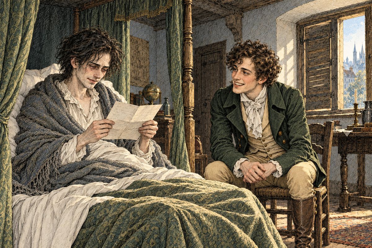 All through that long spring Clerval nursed Victor back to health, and at last he gave him a letter from Elizabeth. She begged for a single line in his own hand. She also wrote that gentle Justine Moritz, the servant girl his mother had loved and educated, had come home to live with them. "Dear, dear Elizabeth!" Victor cried, and he wrote back at once.