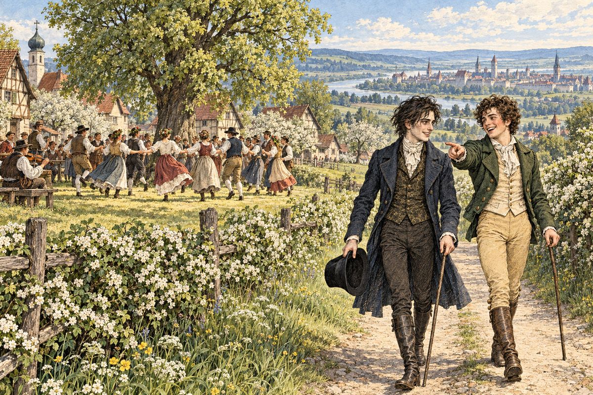 Winter snows put off his journey home until spring. In May, Clerval proposed a fortnight's walking tour around Ingolstadt, and among blossoming hedges and cheerful faces Victor learned to be happy again. They came back on a Sunday afternoon while the peasants were dancing on the village green, and Victor bounded along in high spirits.