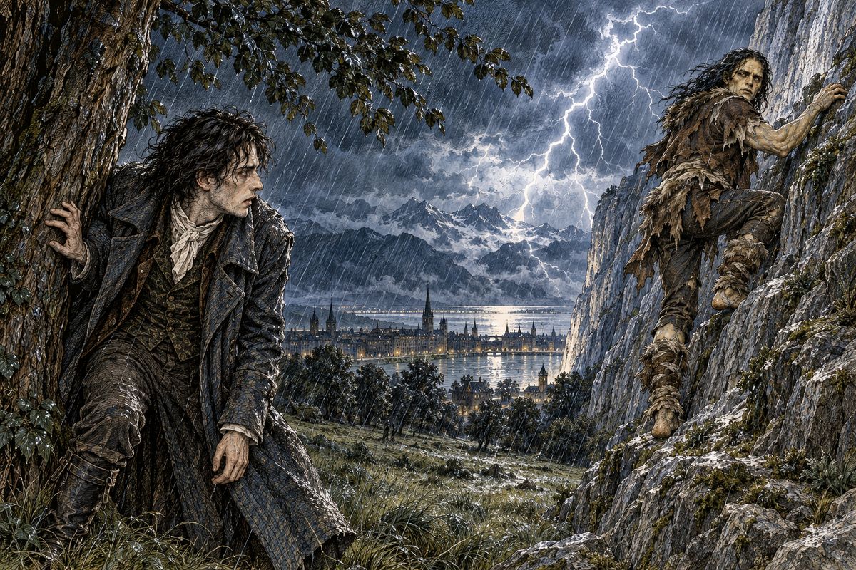 Dread slowed his journey, and by nightfall the gates of Geneva were shut. He crossed the lake by boat to Plainpalais as a great storm broke over the Alps and lightning turned the lake into a sheet of fire. "William, dear angel! this is thy funeral!" he cried. Then a flash showed him a gigantic figure, the creature, climbing the sheer rocks of Mont Salêve.