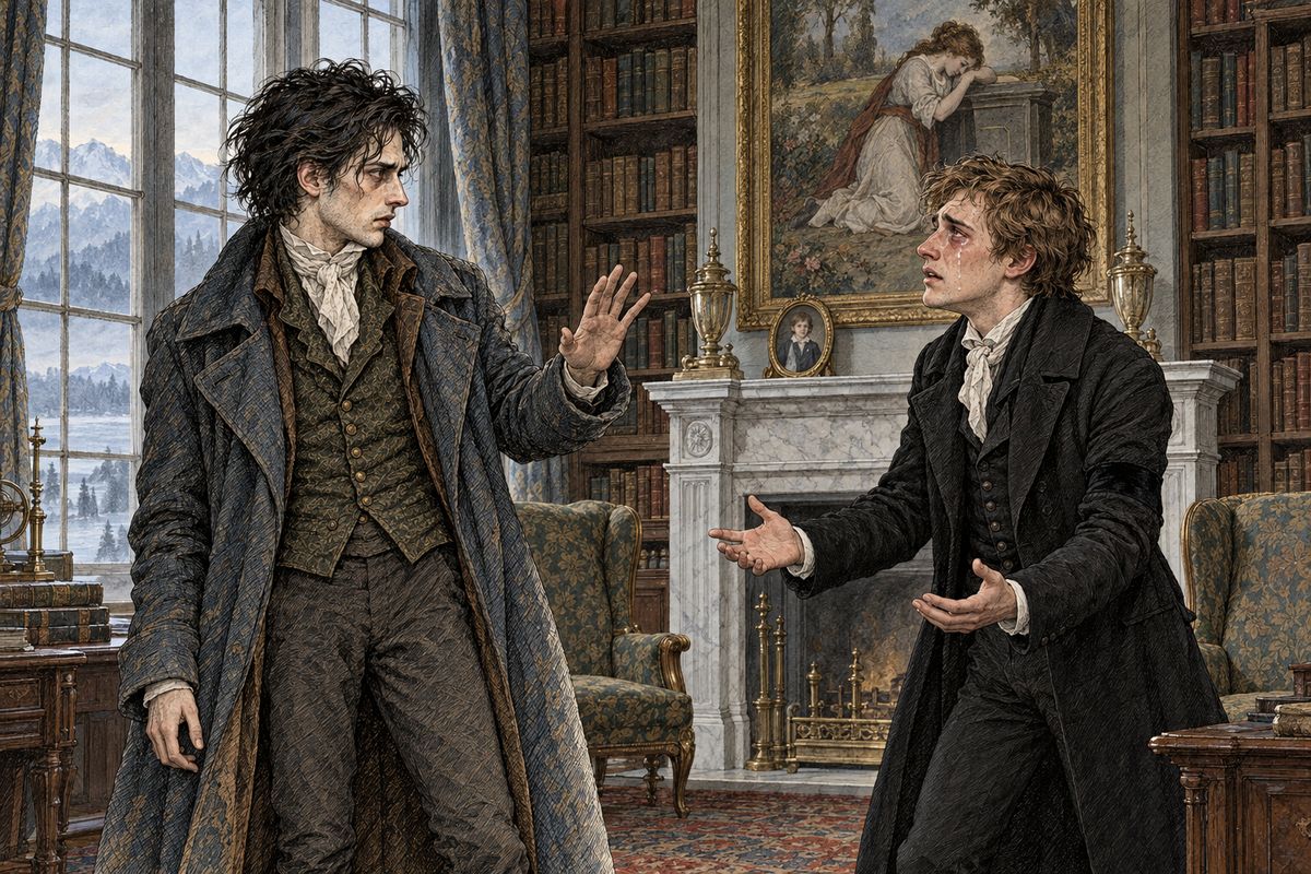 Victor was sure the creature was the murderer, but who would believe a story that sounded like the ravings of fever? He said nothing. At dawn his brother Ernest found him in the library, weeping, with terrible news: the murderer had been found. Justine Moritz was arrested after the missing miniature turned up in her pocket. "Justine is innocent," Victor insisted.
