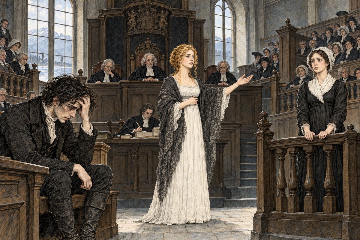 At Justine's trial, Victor sat in silent torture, sure that his creature was the true killer. The lost picture of his mother had been found in her pocket. Elizabeth rose bravely to defend her: "If she had earnestly desired it, I should have willingly given it to her." But the ballots were all black, and Justine was condemned.