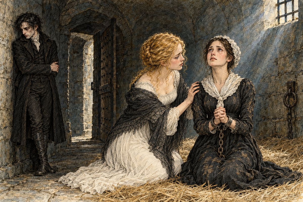 Justine had confessed, but in her gloomy cell she told Elizabeth the truth: her confessor had threatened her with hell fire until, with no one to support her, she signed a lie. Now she was calm and full of faith. "I do not now fear to die," she said, while Victor hid his anguish in a corner, unable to speak.