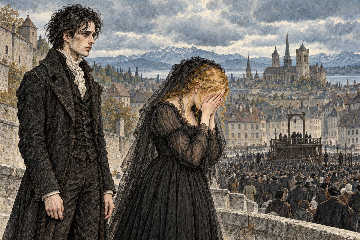 On the morrow Justine died on the scaffold as a murderess; neither Elizabeth's tears nor Victor's pleas could move the judges. Watching those he loved weep for William and Justine, Victor knew who was to blame: "I, the true murderer, felt the never-dying worm alive in my bosom."